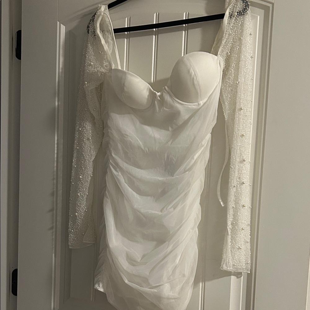 Oh Polly White Long Sleeve Dress with Shimmering Details